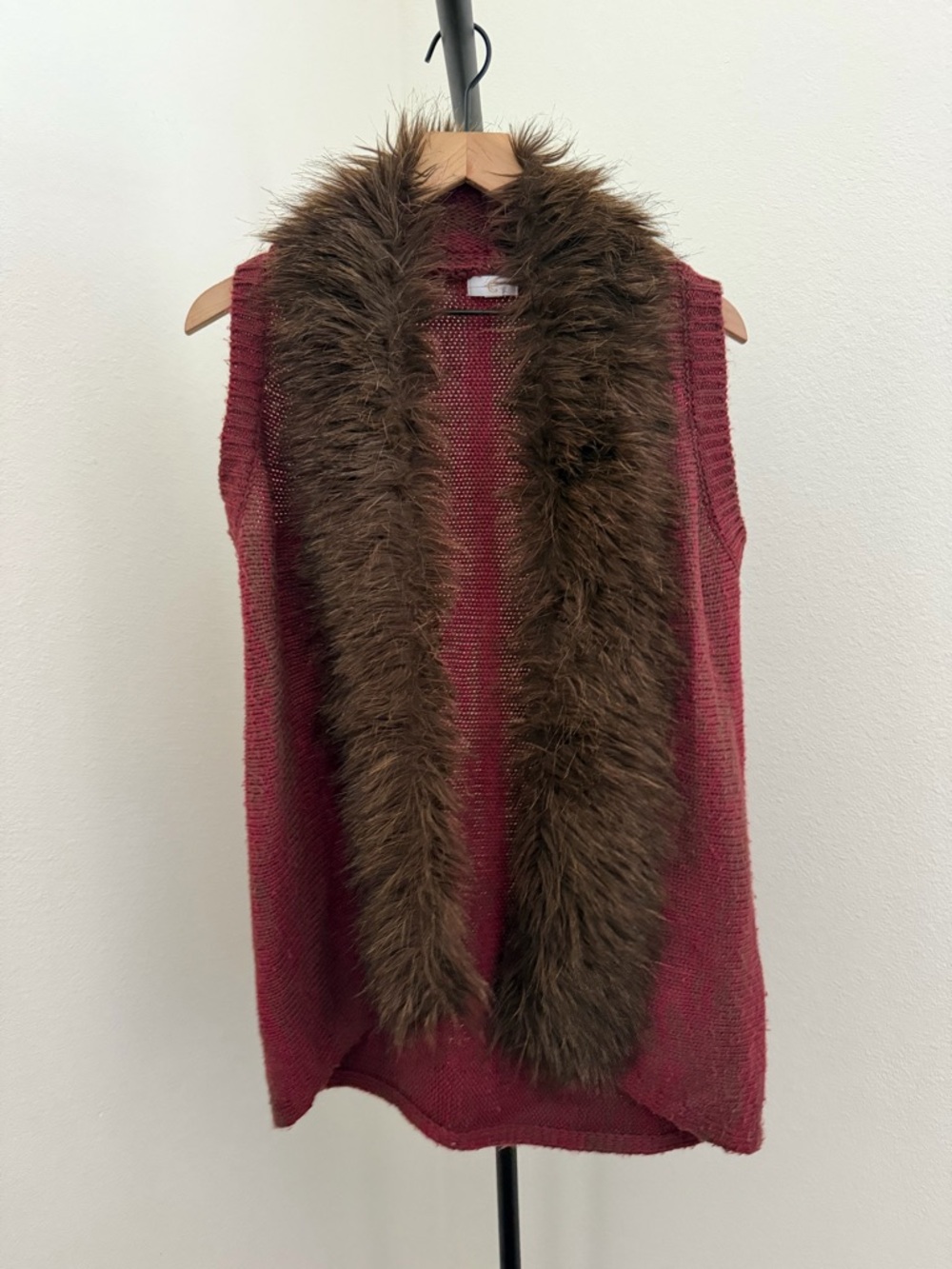 C Burgundy Knit Vest with Brown Faux Fur Trim - Picture 2 of 4